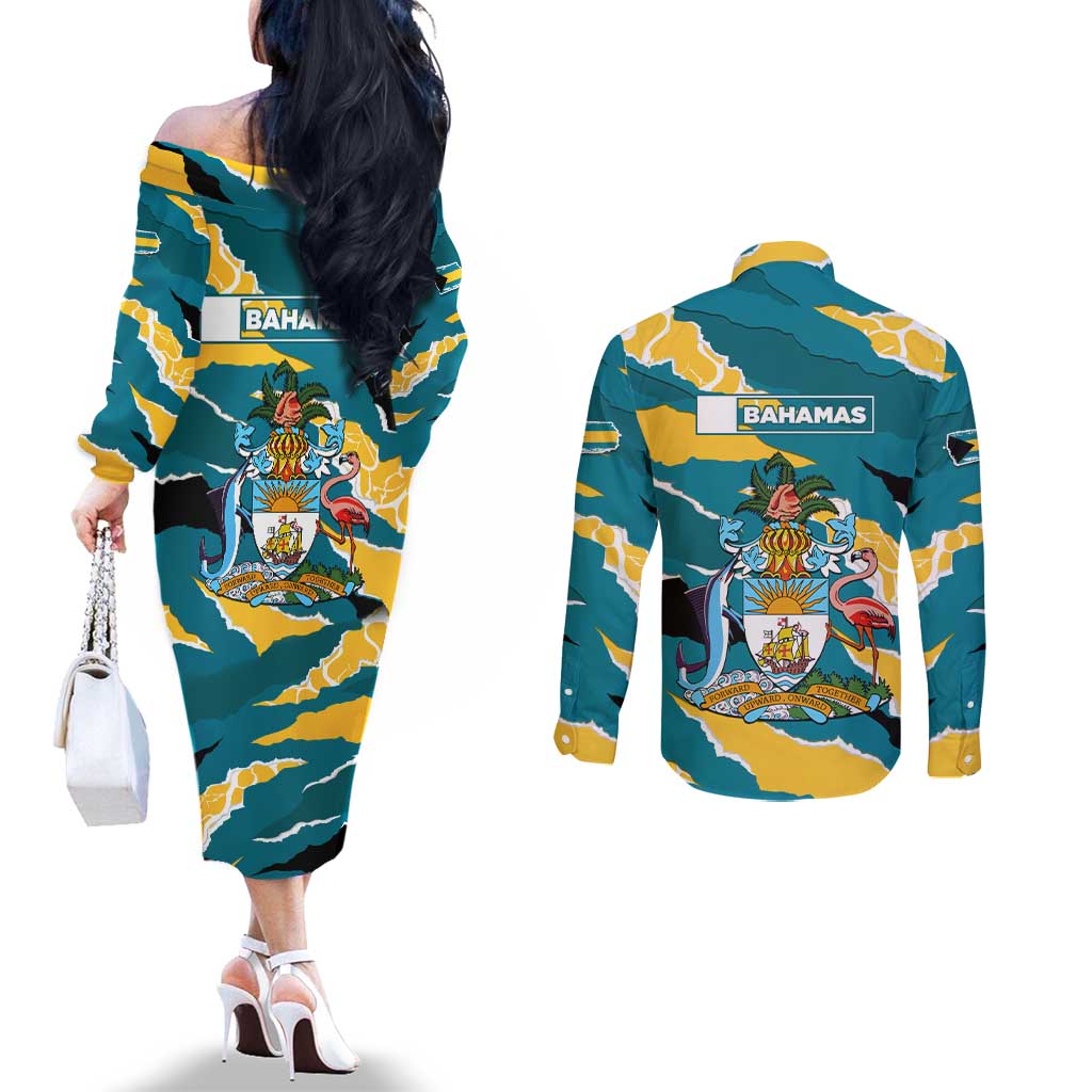 Bahamas Couples Matching Off The Shoulder Long Sleeve Dress and Long Sleeve Button Shirt with National Coat of Arms Teal Yellow Ocean Wave Spirit