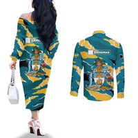 Bahamas Couples Matching Off The Shoulder Long Sleeve Dress and Long Sleeve Button Shirt with National Coat of Arms Teal Yellow Ocean Wave Spirit