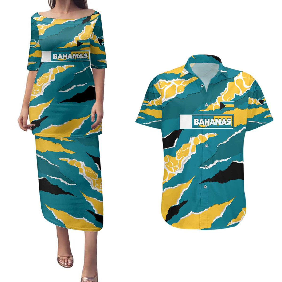 Bahamas Couples Matching Puletasi and Hawaiian Shirt with National Coat of Arms Teal Yellow Ocean Wave Spirit
