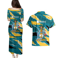 Bahamas Couples Matching Puletasi and Hawaiian Shirt with National Coat of Arms Teal Yellow Ocean Wave Spirit