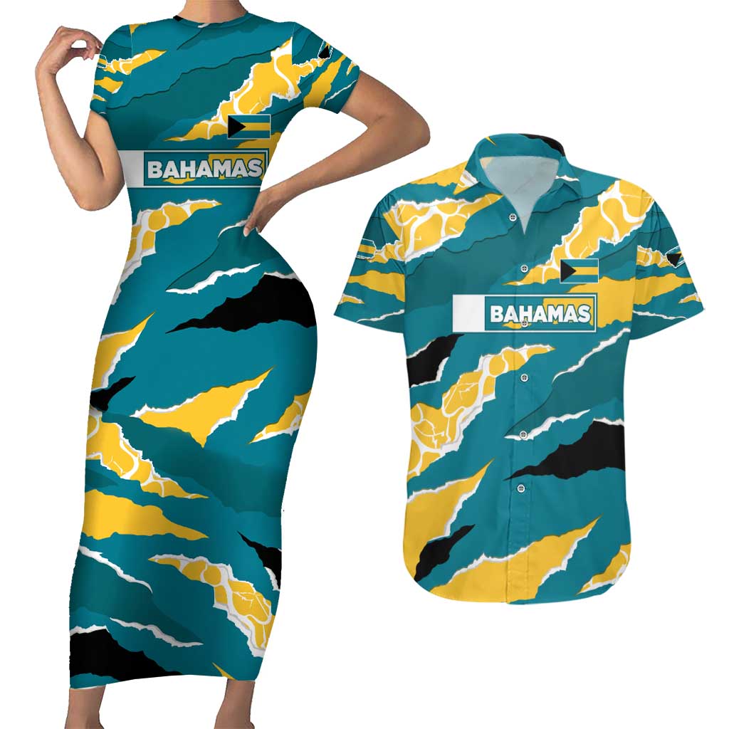 Bahamas Couples Matching Short Sleeve Bodycon Dress and Hawaiian Shirt with National Coat of Arms Teal Yellow Ocean Wave Spirit