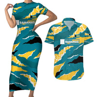 Bahamas Couples Matching Short Sleeve Bodycon Dress and Hawaiian Shirt with National Coat of Arms Teal Yellow Ocean Wave Spirit