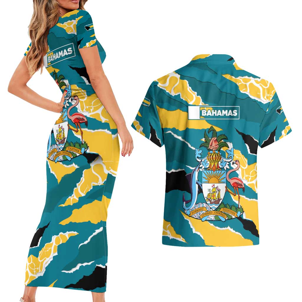 Bahamas Couples Matching Short Sleeve Bodycon Dress and Hawaiian Shirt with National Coat of Arms Teal Yellow Ocean Wave Spirit