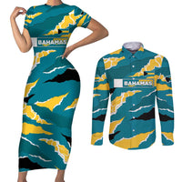 Bahamas Couples Matching Short Sleeve Bodycon Dress and Long Sleeve Button Shirt with National Coat of Arms Teal Yellow Ocean Wave Spirit