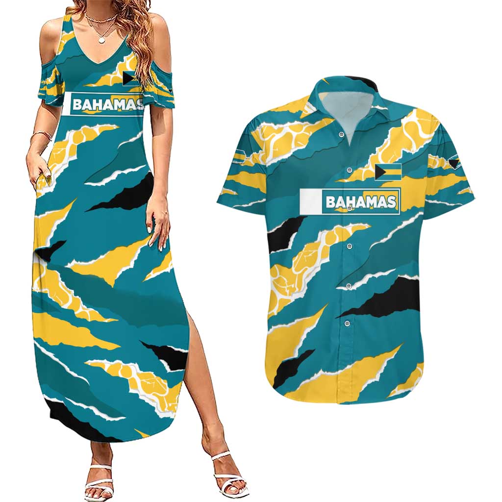 Bahamas Couples Matching Summer Maxi Dress and Hawaiian Shirt with National Coat of Arms Teal Yellow Ocean Wave Spirit