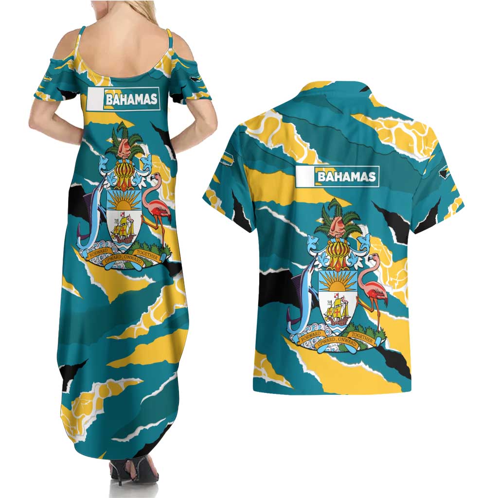 Bahamas Couples Matching Summer Maxi Dress and Hawaiian Shirt with National Coat of Arms Teal Yellow Ocean Wave Spirit