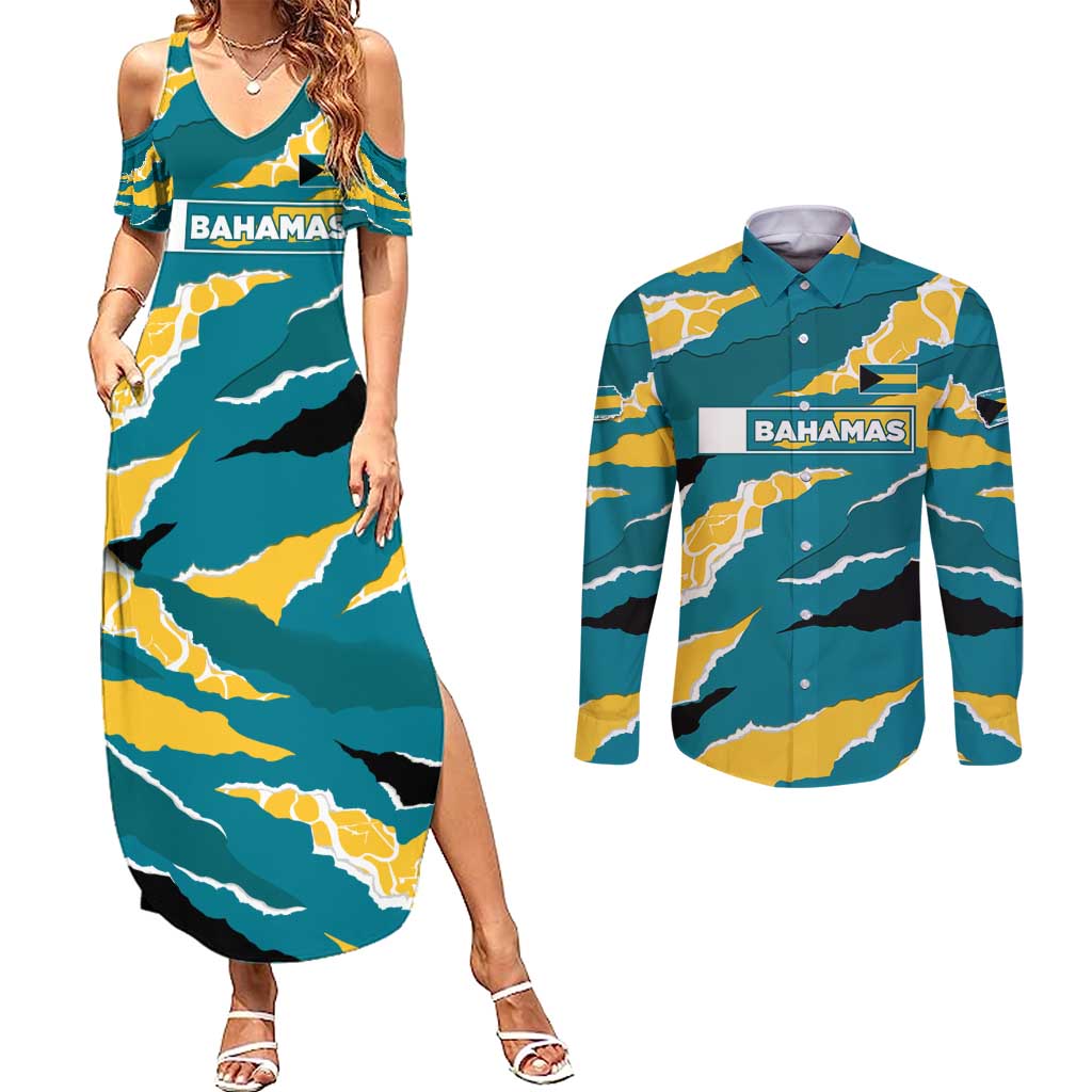 Bahamas Couples Matching Summer Maxi Dress and Long Sleeve Button Shirt with National Coat of Arms Teal Yellow Ocean Wave Spirit
