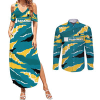 Bahamas Couples Matching Summer Maxi Dress and Long Sleeve Button Shirt with National Coat of Arms Teal Yellow Ocean Wave Spirit