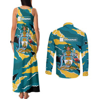Bahamas Couples Matching Tank Maxi Dress and Long Sleeve Button Shirt with National Coat of Arms Teal Yellow Ocean Wave Spirit
