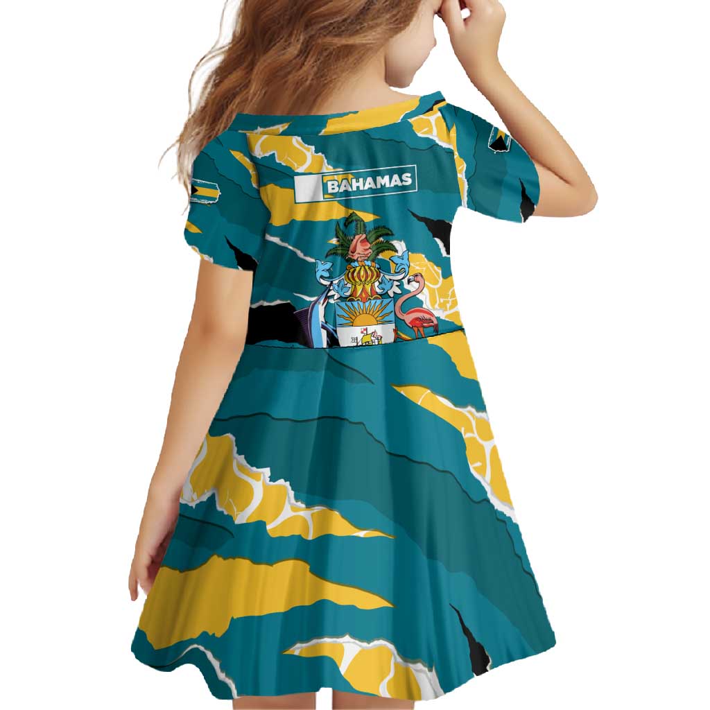 Bahamas Family Matching Long Sleeve Bodycon Dress and Hawaiian Shirt with National Coat of Arms Teal Yellow Ocean Wave Spirit