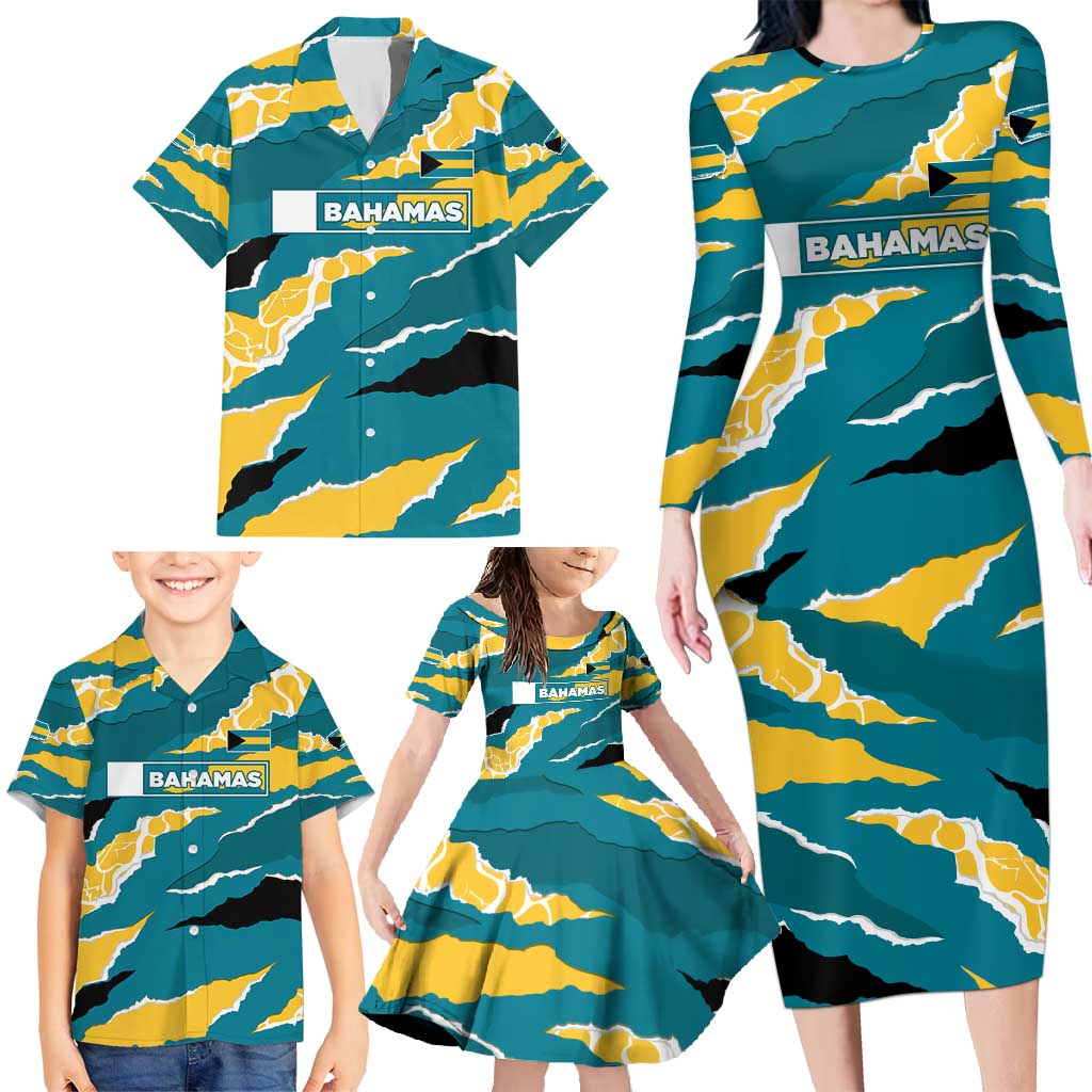 Bahamas Family Matching Long Sleeve Bodycon Dress and Hawaiian Shirt with National Coat of Arms Teal Yellow Ocean Wave Spirit