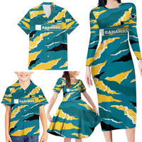 Bahamas Family Matching Long Sleeve Bodycon Dress and Hawaiian Shirt with National Coat of Arms Teal Yellow Ocean Wave Spirit