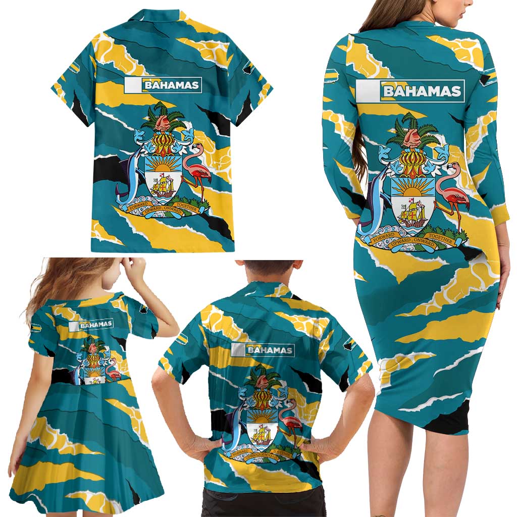 Bahamas Family Matching Long Sleeve Bodycon Dress and Hawaiian Shirt with National Coat of Arms Teal Yellow Ocean Wave Spirit