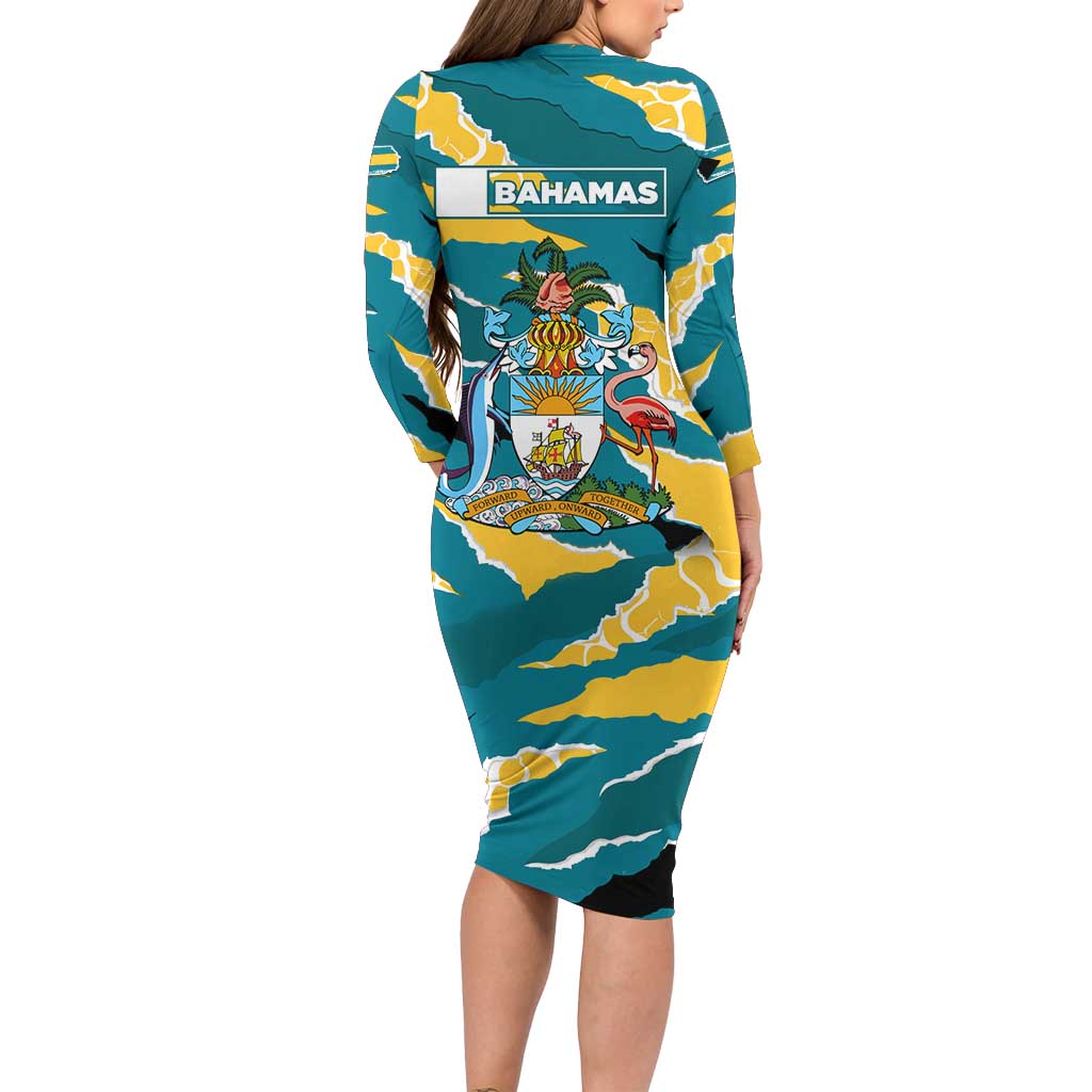 Bahamas Family Matching Long Sleeve Bodycon Dress and Hawaiian Shirt with National Coat of Arms Teal Yellow Ocean Wave Spirit