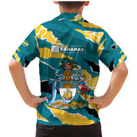 Bahamas Family Matching Mermaid Dress and Hawaiian Shirt with National Coat of Arms Teal Yellow Ocean Wave Spirit