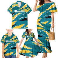 Bahamas Family Matching Mermaid Dress and Hawaiian Shirt with National Coat of Arms Teal Yellow Ocean Wave Spirit