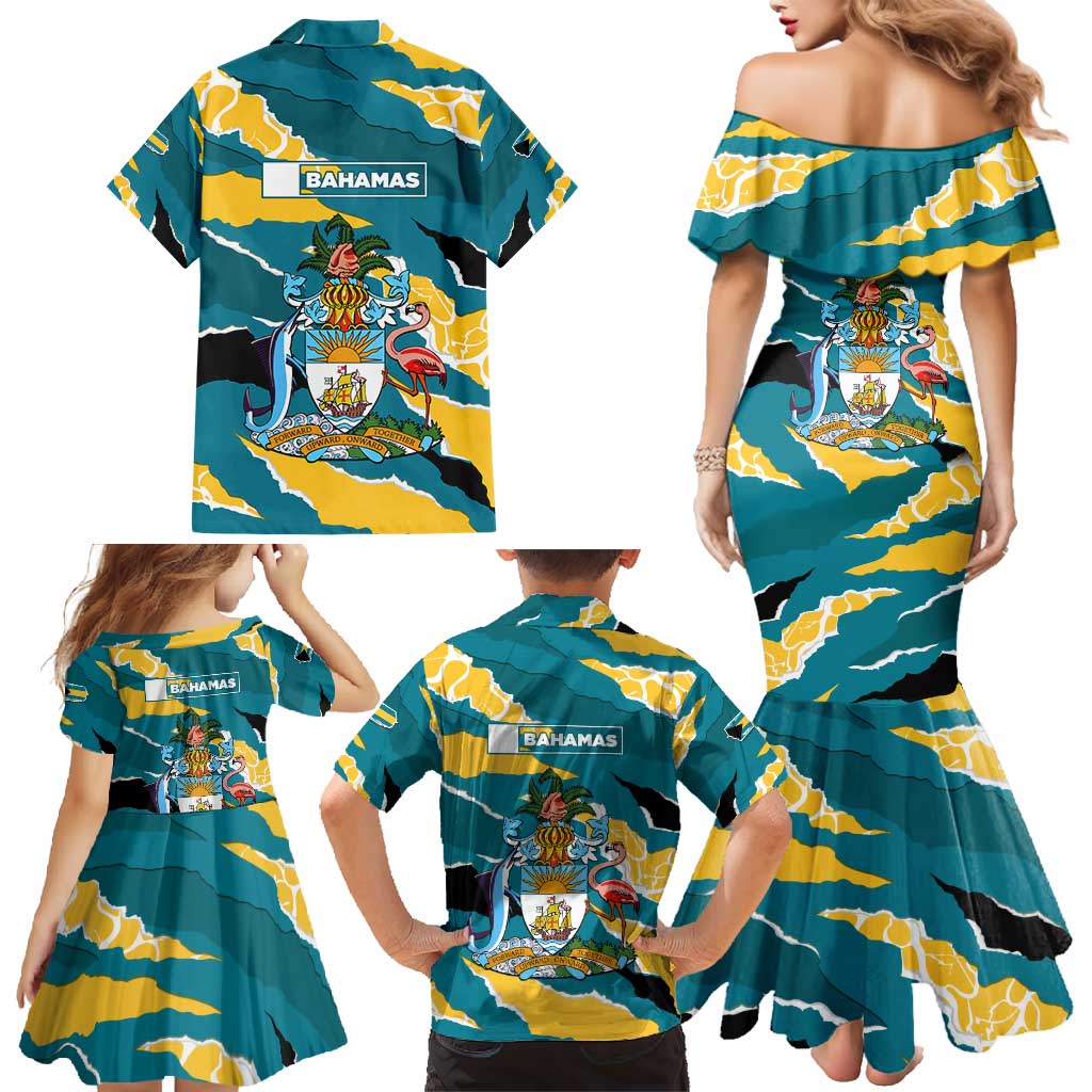 Bahamas Family Matching Mermaid Dress and Hawaiian Shirt with National Coat of Arms Teal Yellow Ocean Wave Spirit