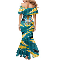 Bahamas Family Matching Mermaid Dress and Hawaiian Shirt with National Coat of Arms Teal Yellow Ocean Wave Spirit