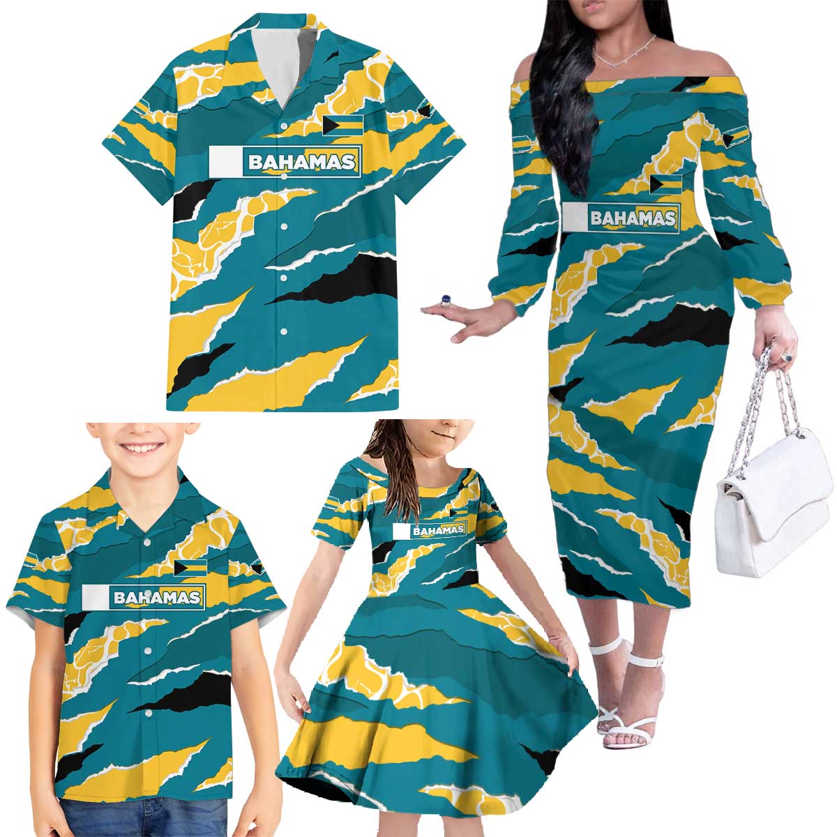 Bahamas Family Matching Off The Shoulder Long Sleeve Dress and Hawaiian Shirt with National Coat of Arms Teal Yellow Ocean Wave Spirit