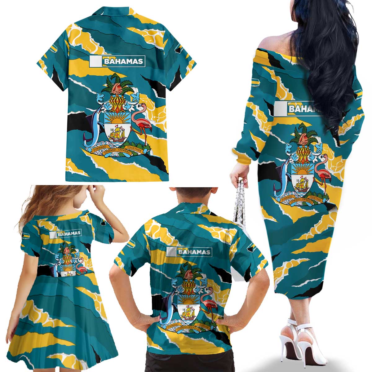 Bahamas Family Matching Off The Shoulder Long Sleeve Dress and Hawaiian Shirt with National Coat of Arms Teal Yellow Ocean Wave Spirit