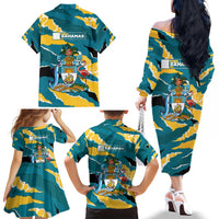 Bahamas Family Matching Off The Shoulder Long Sleeve Dress and Hawaiian Shirt with National Coat of Arms Teal Yellow Ocean Wave Spirit