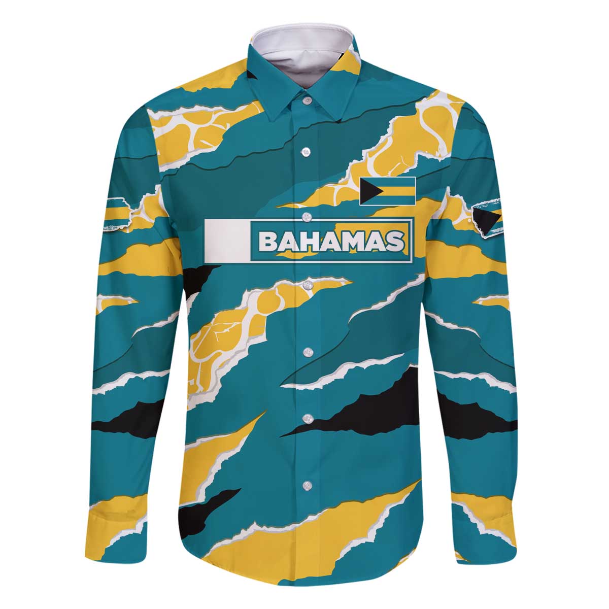 Bahamas Family Matching Off The Shoulder Long Sleeve Dress and Hawaiian Shirt with National Coat of Arms Teal Yellow Ocean Wave Spirit