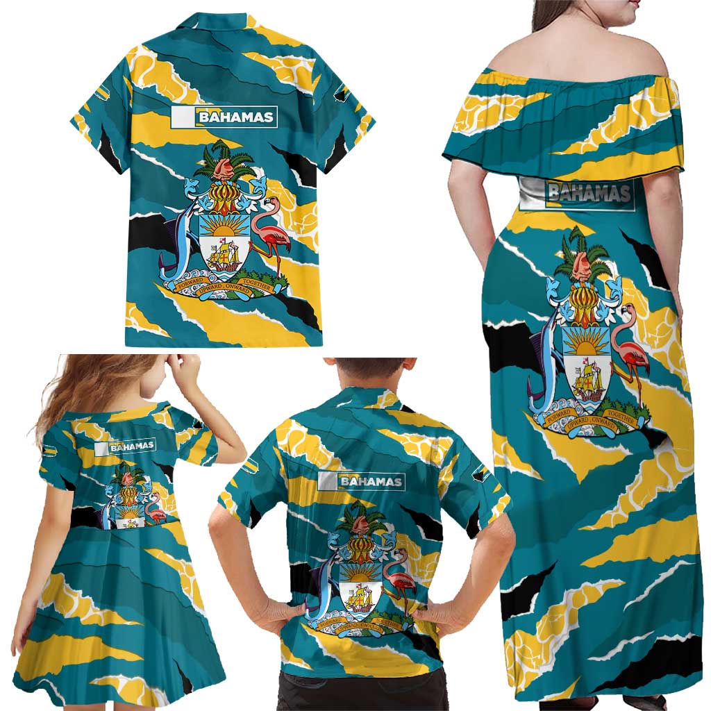 Bahamas Family Matching Off Shoulder Maxi Dress and Hawaiian Shirt with National Coat of Arms Teal Yellow Ocean Wave Spirit
