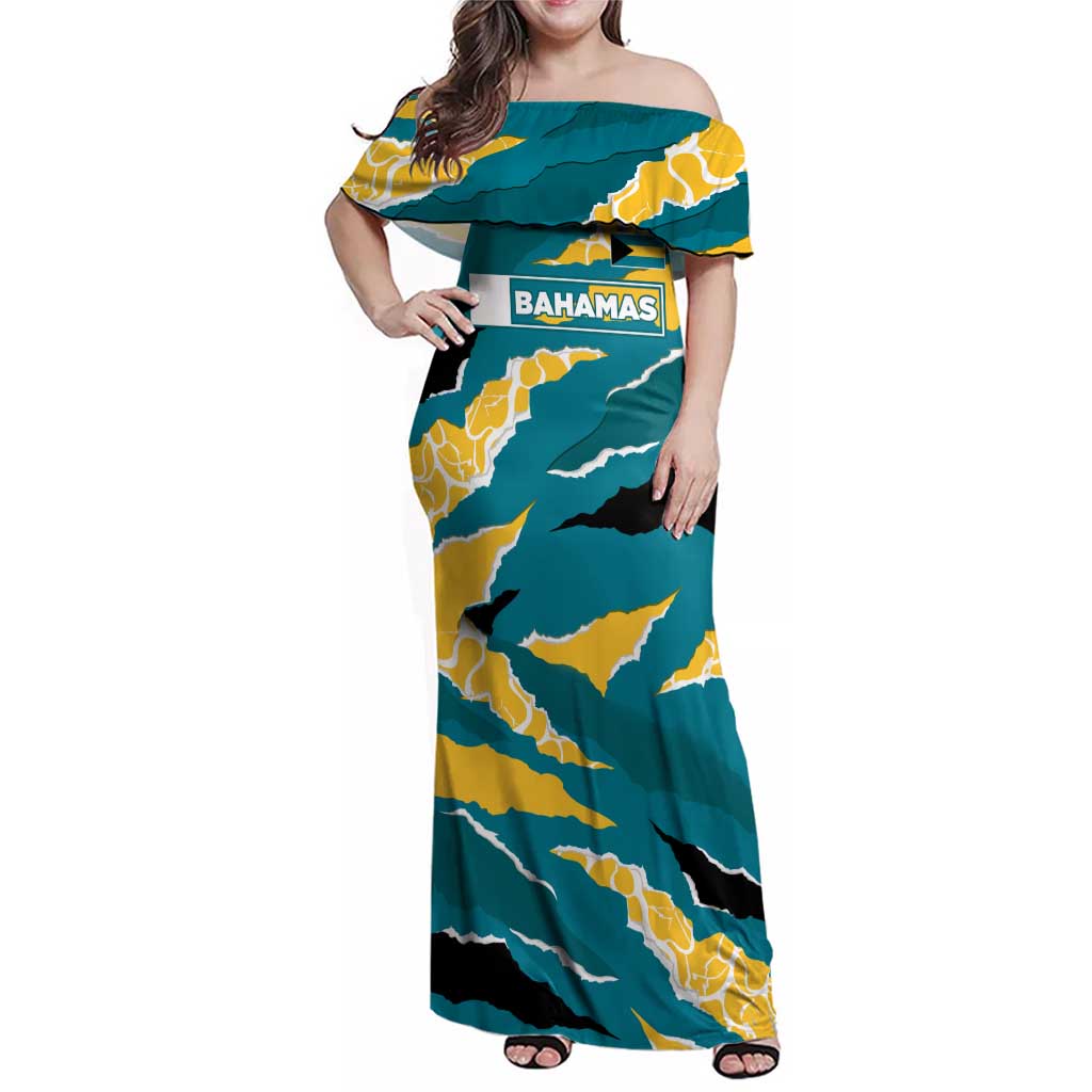 Bahamas Family Matching Off Shoulder Maxi Dress and Hawaiian Shirt with National Coat of Arms Teal Yellow Ocean Wave Spirit