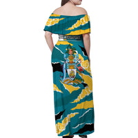 Bahamas Family Matching Off Shoulder Maxi Dress and Hawaiian Shirt with National Coat of Arms Teal Yellow Ocean Wave Spirit