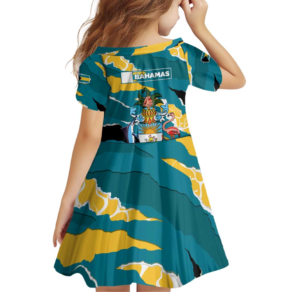 Bahamas Family Matching Off Shoulder Short Dress and Hawaiian Shirt with National Coat of Arms Teal Yellow Ocean Wave Spirit