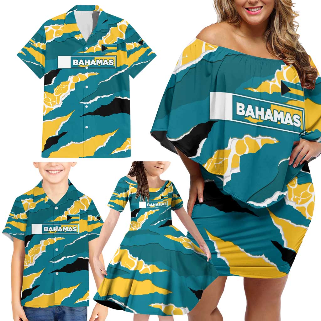 Bahamas Family Matching Off Shoulder Short Dress and Hawaiian Shirt with National Coat of Arms Teal Yellow Ocean Wave Spirit