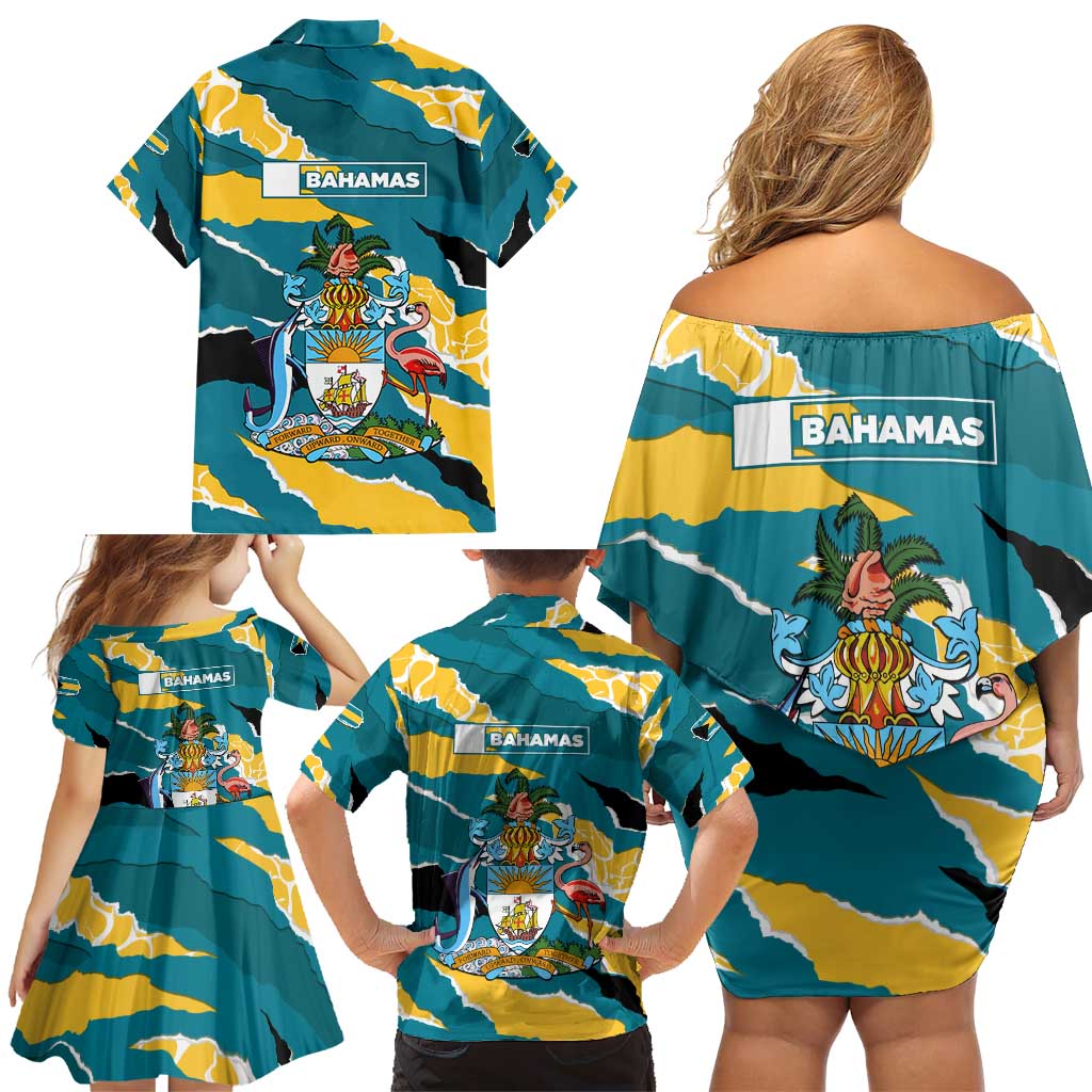 Bahamas Family Matching Off Shoulder Short Dress and Hawaiian Shirt with National Coat of Arms Teal Yellow Ocean Wave Spirit