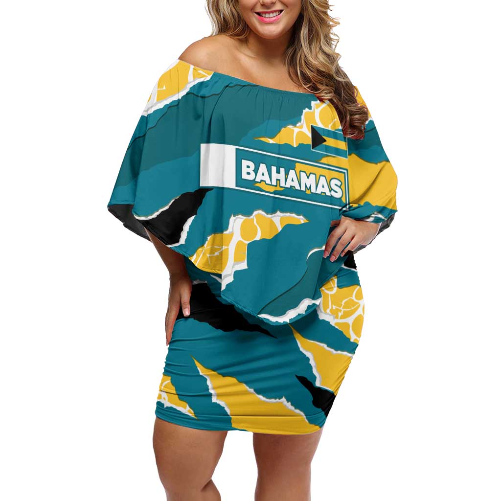 Bahamas Family Matching Off Shoulder Short Dress and Hawaiian Shirt with National Coat of Arms Teal Yellow Ocean Wave Spirit