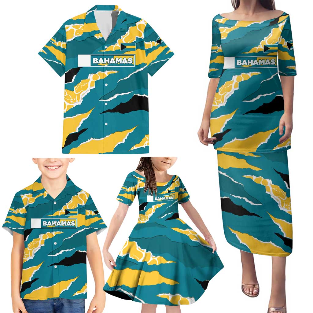 Bahamas Family Matching Puletasi and Hawaiian Shirt with National Coat of Arms Teal Yellow Ocean Wave Spirit