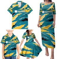 Bahamas Family Matching Puletasi and Hawaiian Shirt with National Coat of Arms Teal Yellow Ocean Wave Spirit