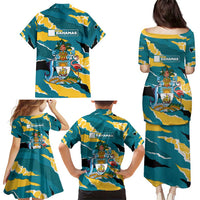 Bahamas Family Matching Puletasi and Hawaiian Shirt with National Coat of Arms Teal Yellow Ocean Wave Spirit