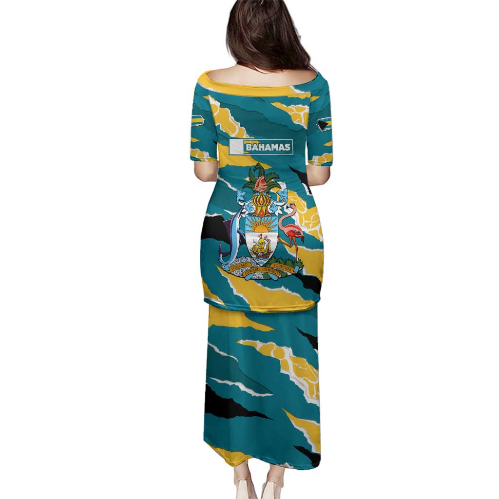 Bahamas Family Matching Puletasi and Hawaiian Shirt with National Coat of Arms Teal Yellow Ocean Wave Spirit