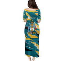 Bahamas Family Matching Puletasi and Hawaiian Shirt with National Coat of Arms Teal Yellow Ocean Wave Spirit