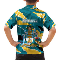 Bahamas Family Matching Short Sleeve Bodycon Dress and Hawaiian Shirt with National Coat of Arms Teal Yellow Ocean Wave Spirit