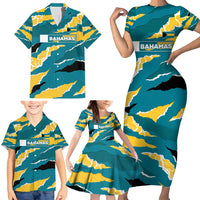 Bahamas Family Matching Short Sleeve Bodycon Dress and Hawaiian Shirt with National Coat of Arms Teal Yellow Ocean Wave Spirit