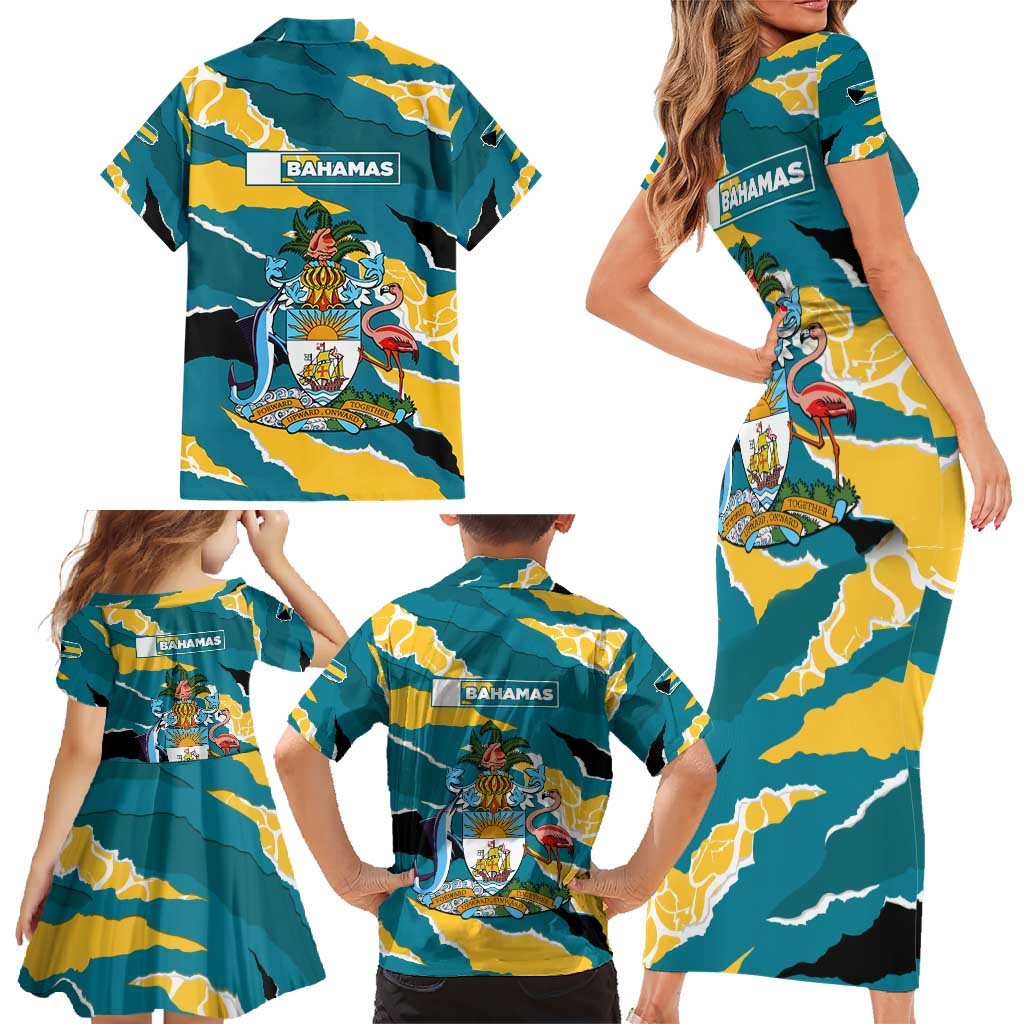 Bahamas Family Matching Short Sleeve Bodycon Dress and Hawaiian Shirt with National Coat of Arms Teal Yellow Ocean Wave Spirit