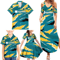 Bahamas Family Matching Summer Maxi Dress and Hawaiian Shirt with National Coat of Arms Teal Yellow Ocean Wave Spirit