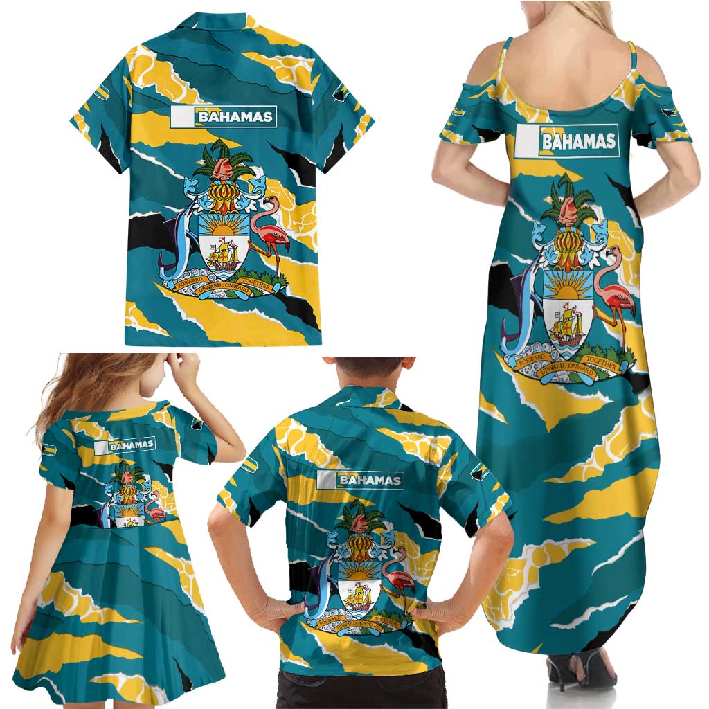 Bahamas Family Matching Summer Maxi Dress and Hawaiian Shirt with National Coat of Arms Teal Yellow Ocean Wave Spirit