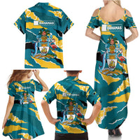 Bahamas Family Matching Summer Maxi Dress and Hawaiian Shirt with National Coat of Arms Teal Yellow Ocean Wave Spirit