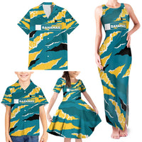 Bahamas Family Matching Tank Maxi Dress and Hawaiian Shirt with National Coat of Arms Teal Yellow Ocean Wave Spirit