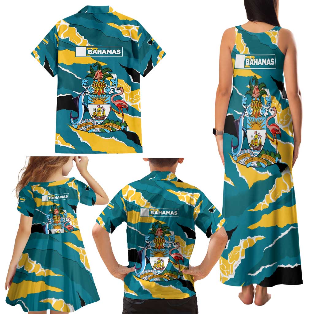 Bahamas Family Matching Tank Maxi Dress and Hawaiian Shirt with National Coat of Arms Teal Yellow Ocean Wave Spirit