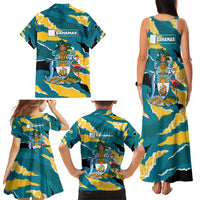 Bahamas Family Matching Tank Maxi Dress and Hawaiian Shirt with National Coat of Arms Teal Yellow Ocean Wave Spirit