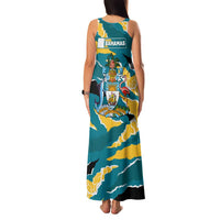 Bahamas Family Matching Tank Maxi Dress and Hawaiian Shirt with National Coat of Arms Teal Yellow Ocean Wave Spirit