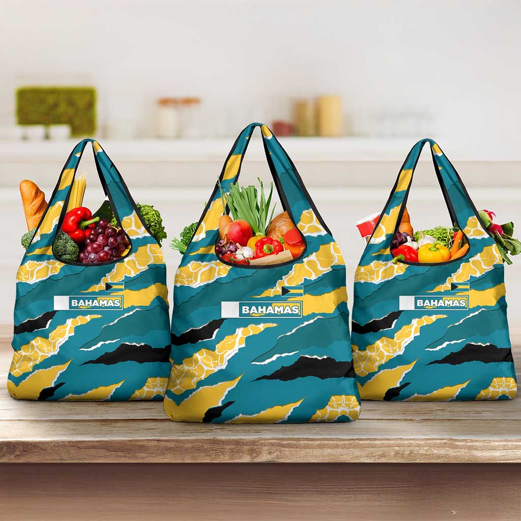 Bahamas Grocery Bag with National Coat of Arms Teal Yellow Ocean Wave Spirit