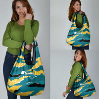 Bahamas Grocery Bag with National Coat of Arms Teal Yellow Ocean Wave Spirit